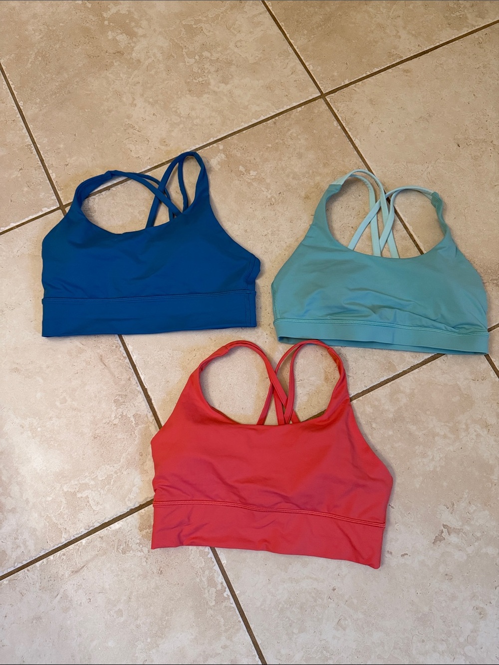 Set of 3 lululemon energy Strappy Sports Bras - Blue, Teal, Coral